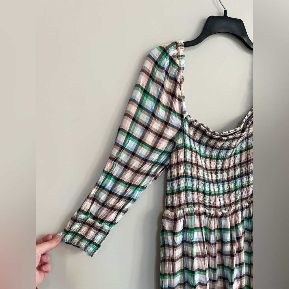 Anthropologie Maeve Cerie Smocked Plaid 3/4 Puff Sleeved Midi Dress, M - Picture 5 of 13